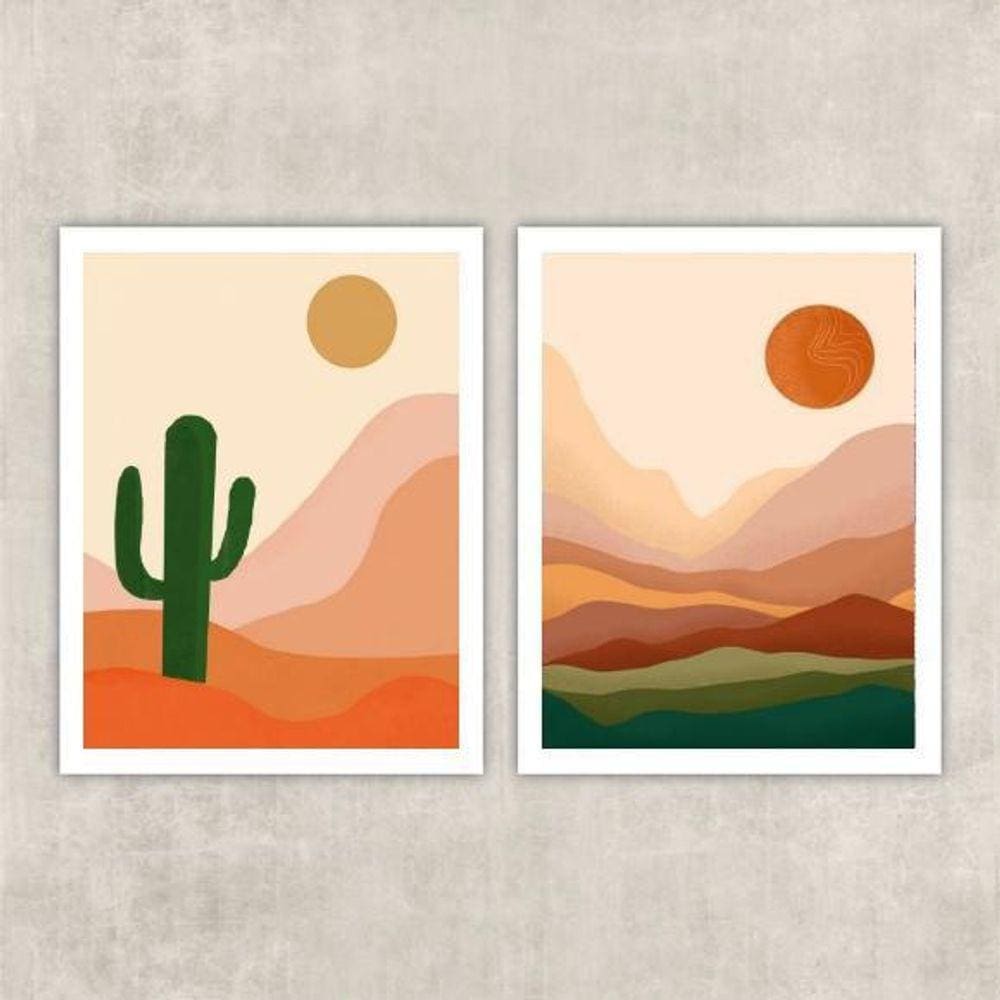 Kit 2 Quadros Deserto Boho 45X34Cm - Com Vidro Branca