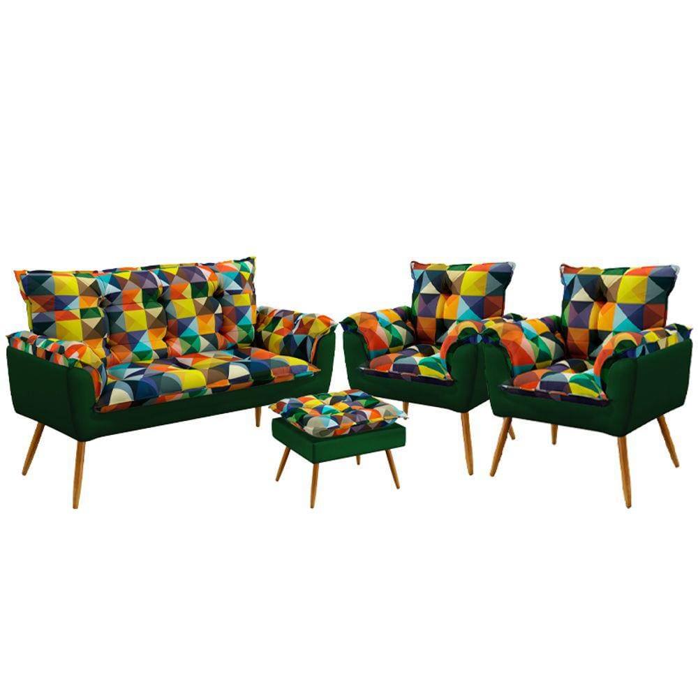 Namoradeira e 2 Poltronas Beta com Puff Lunar F-015 Sued Estampado Colorido com Sued Aradecor