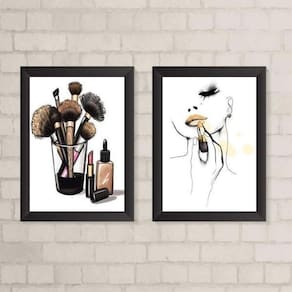 Kit 2 Quadros Makeup Mulher 45x34cm - Moldura Preta