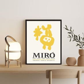 Quadro abstrato amarelo miró 33x24cm com moldura branca