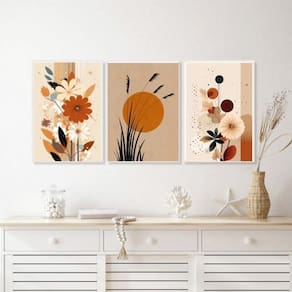 Kit 3 Quadros Bohos Flores Folhas Sol Terracota 33X24Cm