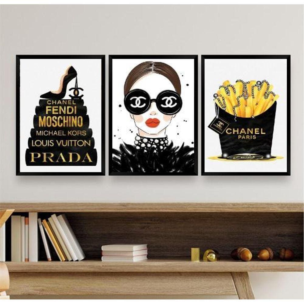 Kit 3 Quadros Fashion Mulher Livros 33x24cm - Vidro