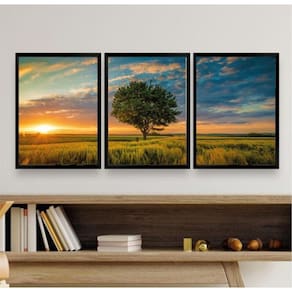Kit 3 Quadros Por do Sol c/ Árvore 33x24cm - Preta