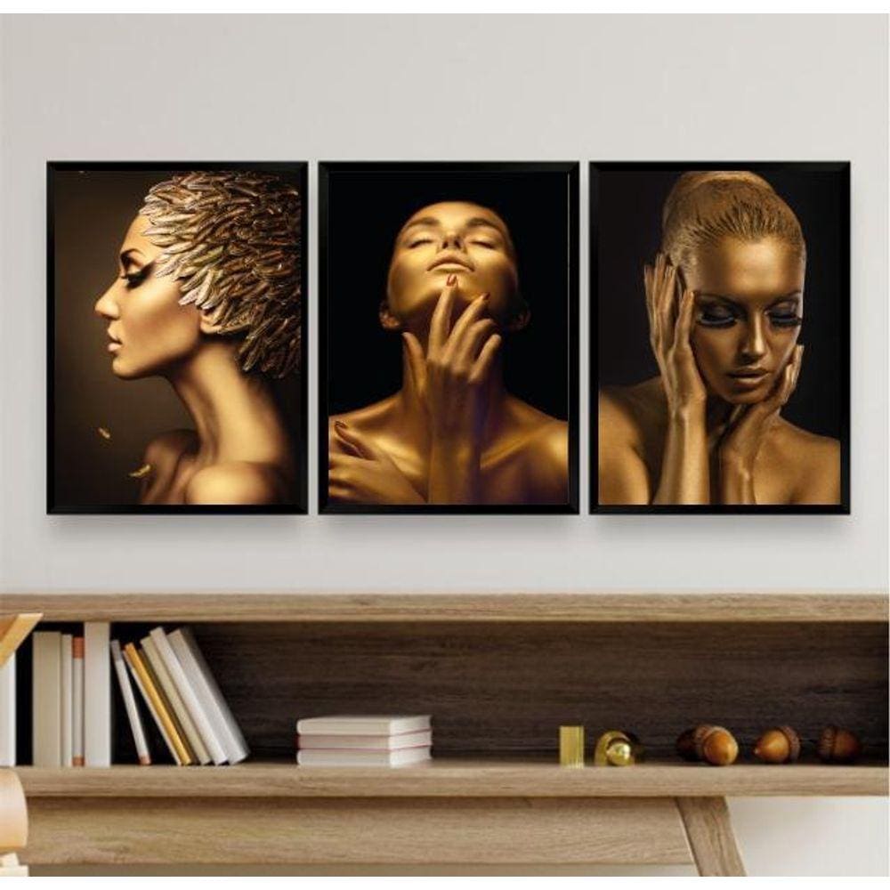 Kit 3 Quadros Decorativos Mulheres Douradas 33x24cm