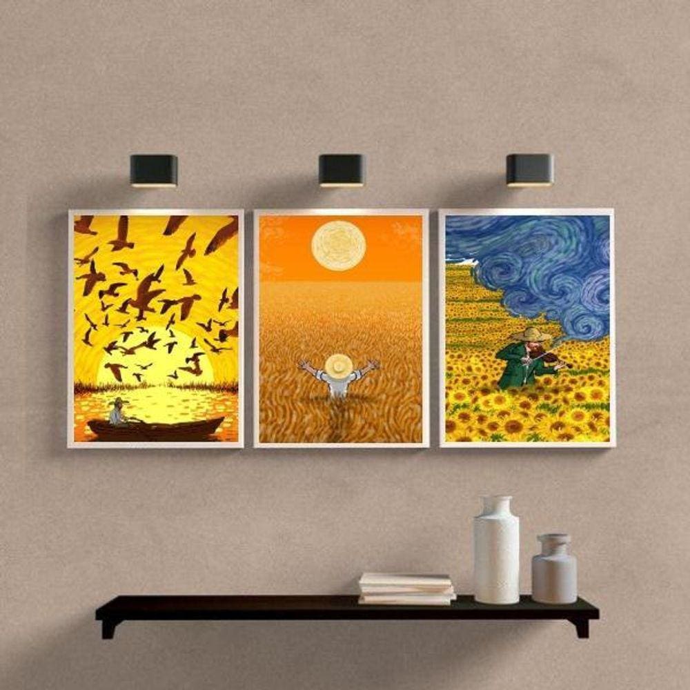 Kit 3 Quadros Decorativos Van Gogh 45x34cm - Moldura Branca