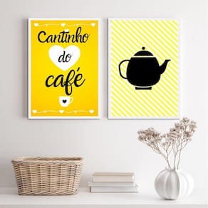 Kit 2 Quadros Café Amarelinho 24x18cm - Moldura Branca