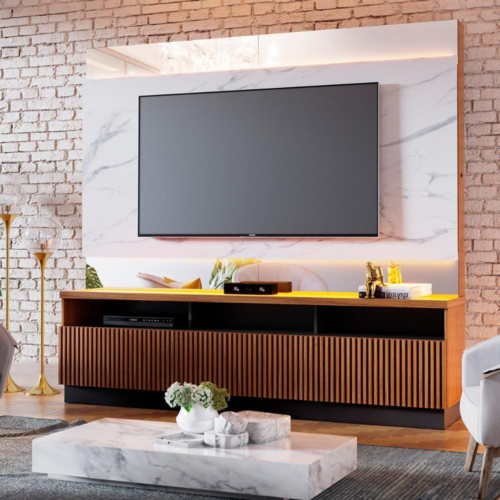 Estante Home Theater Ripado para TV até 70" 3 Portas Espelho e Led Marajó