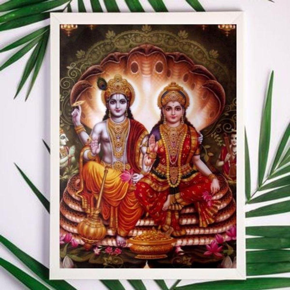 Quadro Decorativo Lakshmi e Vishnu 45x34cm - Madeira Branca
