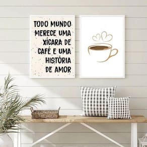 Kit 2 Quadros Café e Amor 33x24cm - Vidro - Moldura Branca