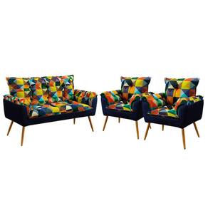 Kit Poltrona Namoradeira e 2 Poltronas Beta F-015 Sued Estampado Colorido com Veludo Aradecor