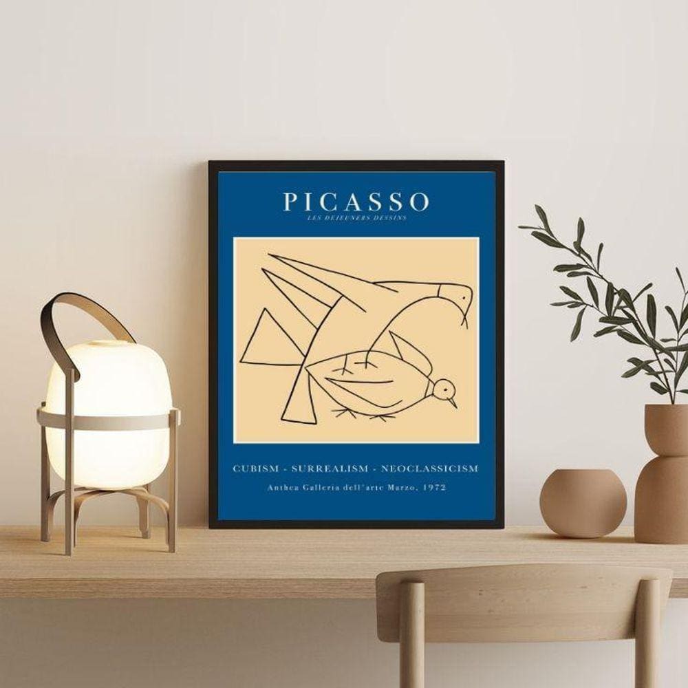 Quadro Minimalista Picasso Azul Mulher e Pássaro 24x18cm