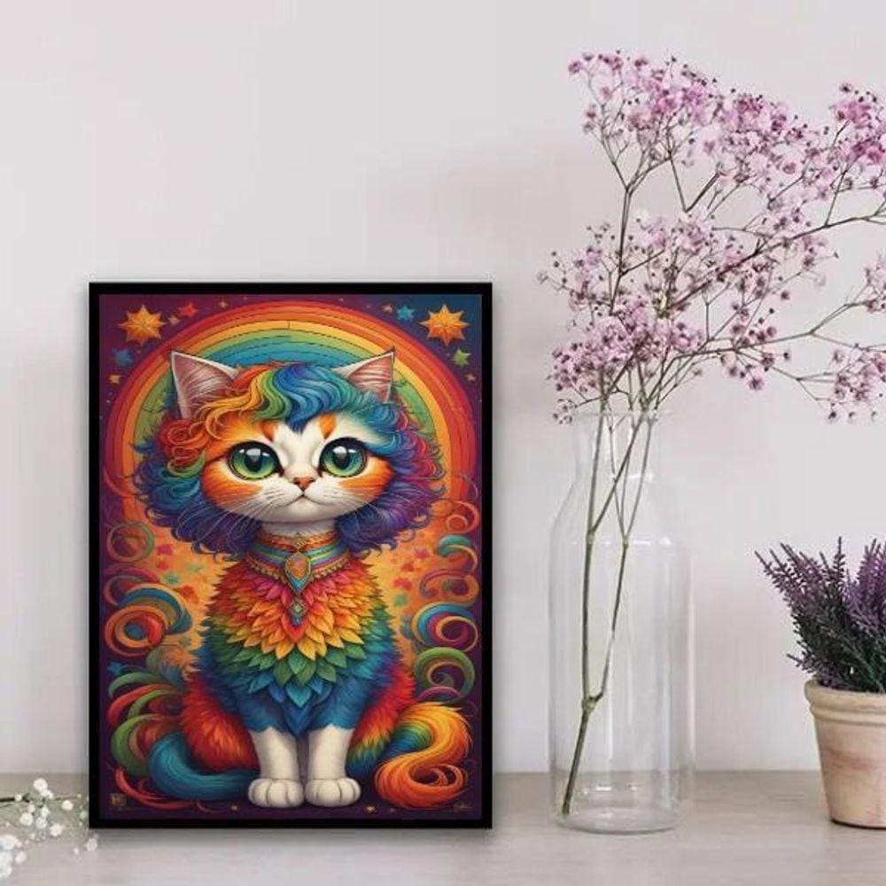 Quadro Decorativo Gatinha Colorida 24x18cm - Madeira Branca
