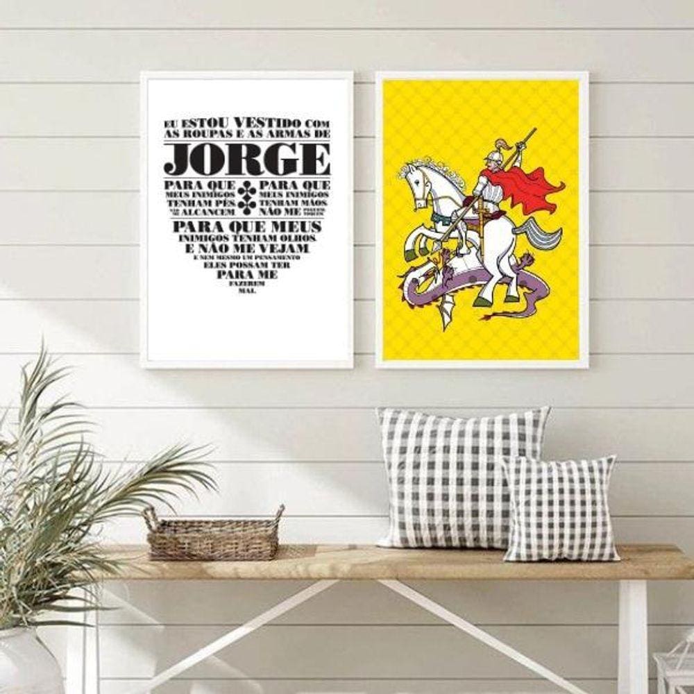 Kit 2 Quadros São Jorge 24x18cm Madeira Branca