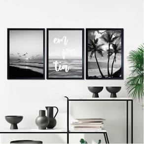 Kit 3 Quadros Praia Preto E Branco Empatia 45X34Cm