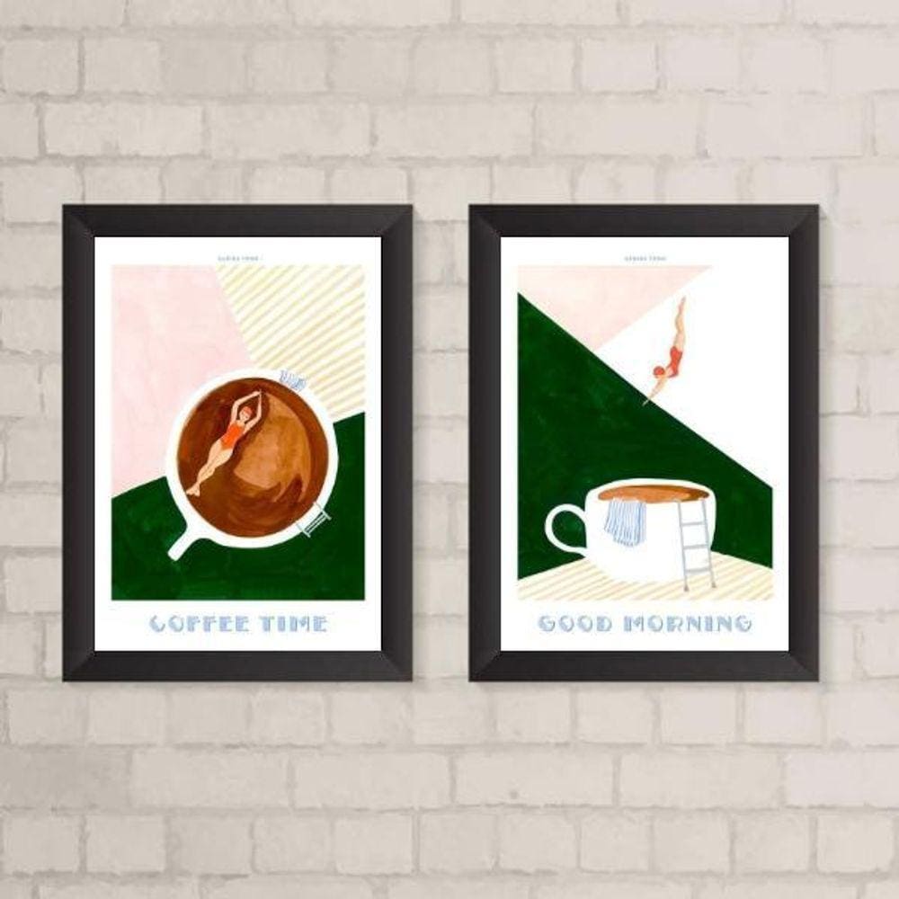 Kit 2 Quadros Decorativos Café 45x34cm - Moldura Preta