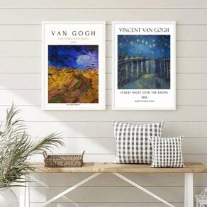 Kit 2 Quadros Paisagens Van Gogh 24x18cm Madeira Branca