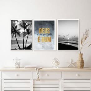 Kit 3 Quadros Praia Deus É Bom Preto E Branco 45X34Cm Vidro