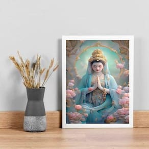 Quadro Decorativo Kuan Yin 33x24cm - Moldura Madeira Preta