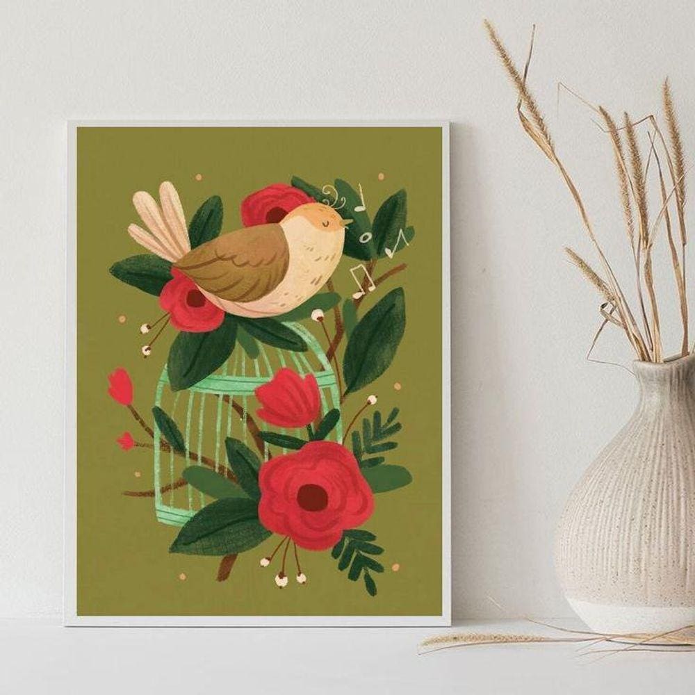 Quadro Decorativo Retrô Passarinho Cantando 33X24Cm