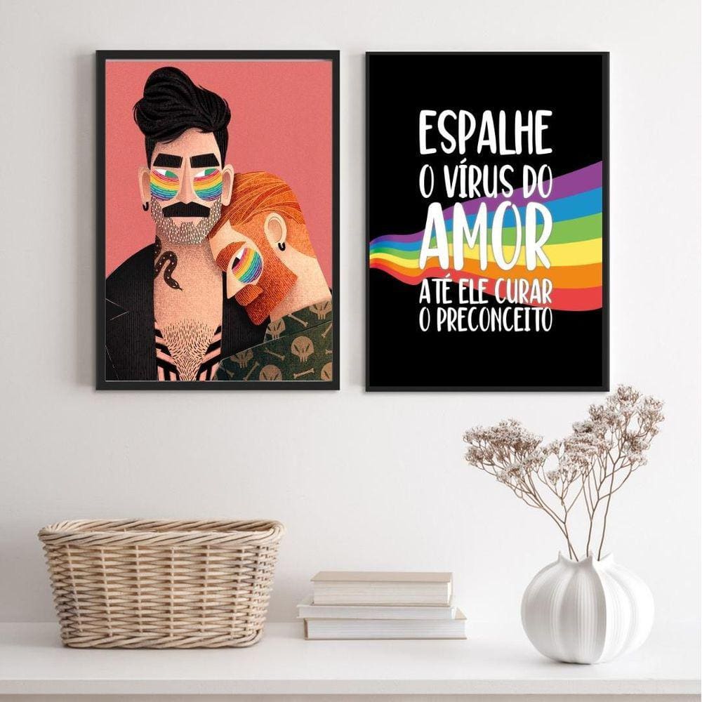 Quadros LGBT Gays Amor 33x24cm - Vidro e Moldura Branca