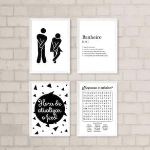 Kit 4 Quadros Divertidos Banheiro 33x24cm - Vidro Branco