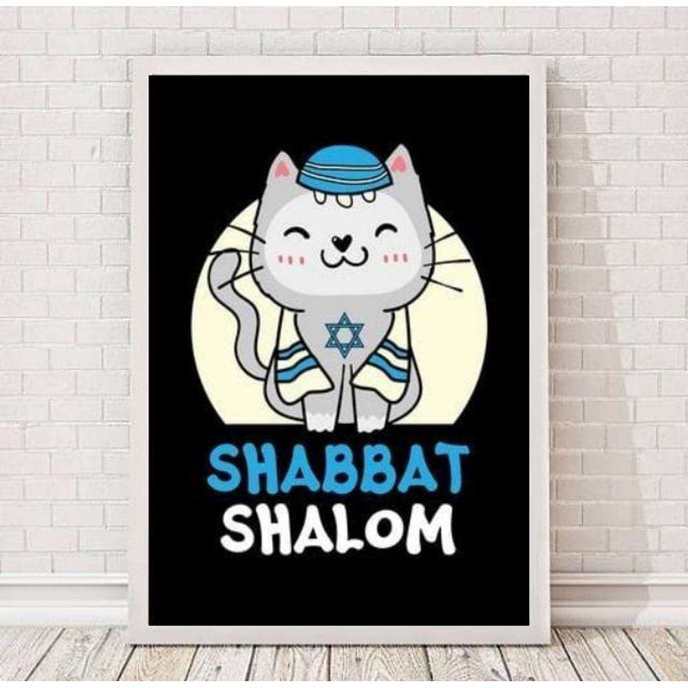 Quadro Gatinho Shabbat Shalom 33x24cm Vidro - Madeira Branca