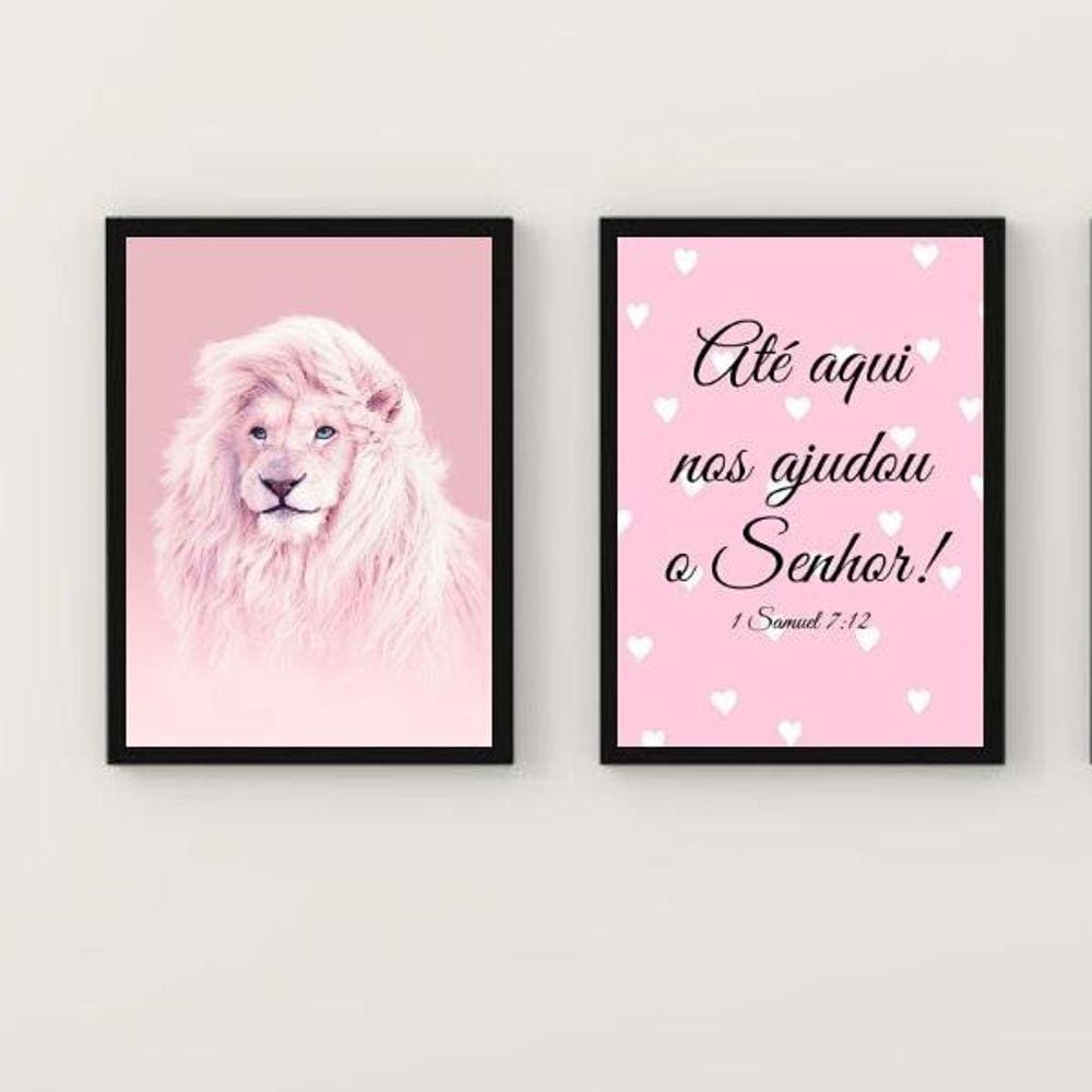 Kit 2 Quadros Leão Rosa 24x18cm Moldura Madeira Preta