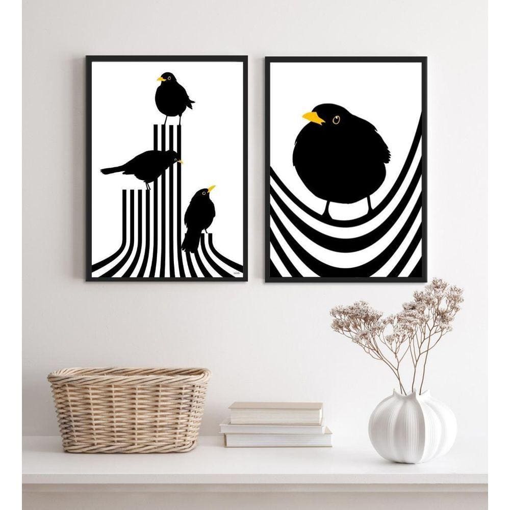 Quadros Passarinhos Listras 24x18cm Kit 2 - Moldura Branca