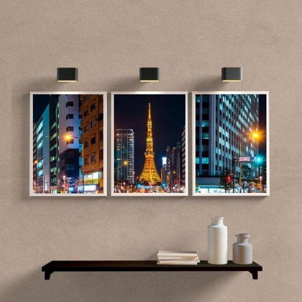 Kit 3 Quadros Decorativos Paris 33x24cm Madeira Branca