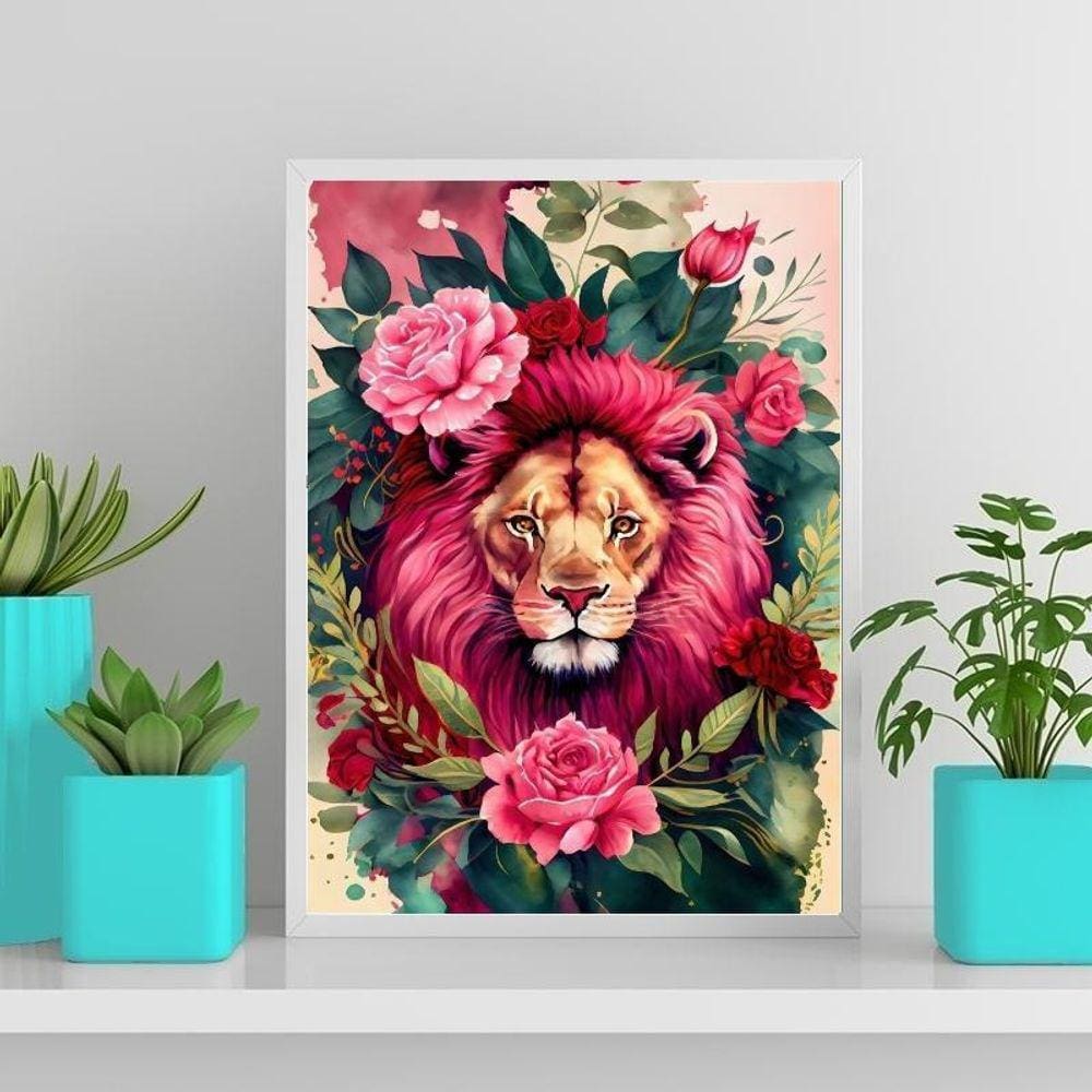 Quadro Decorativo Leão Com Rosas 24X18Cm Preta