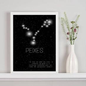 Quadro Decorativo Signo Peixes 33x24cm - Madeira Branca