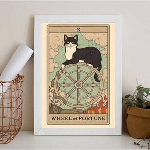 Quadro Decorativo Tarot Roda da Fortuna Gato 45x34cm - Vidro