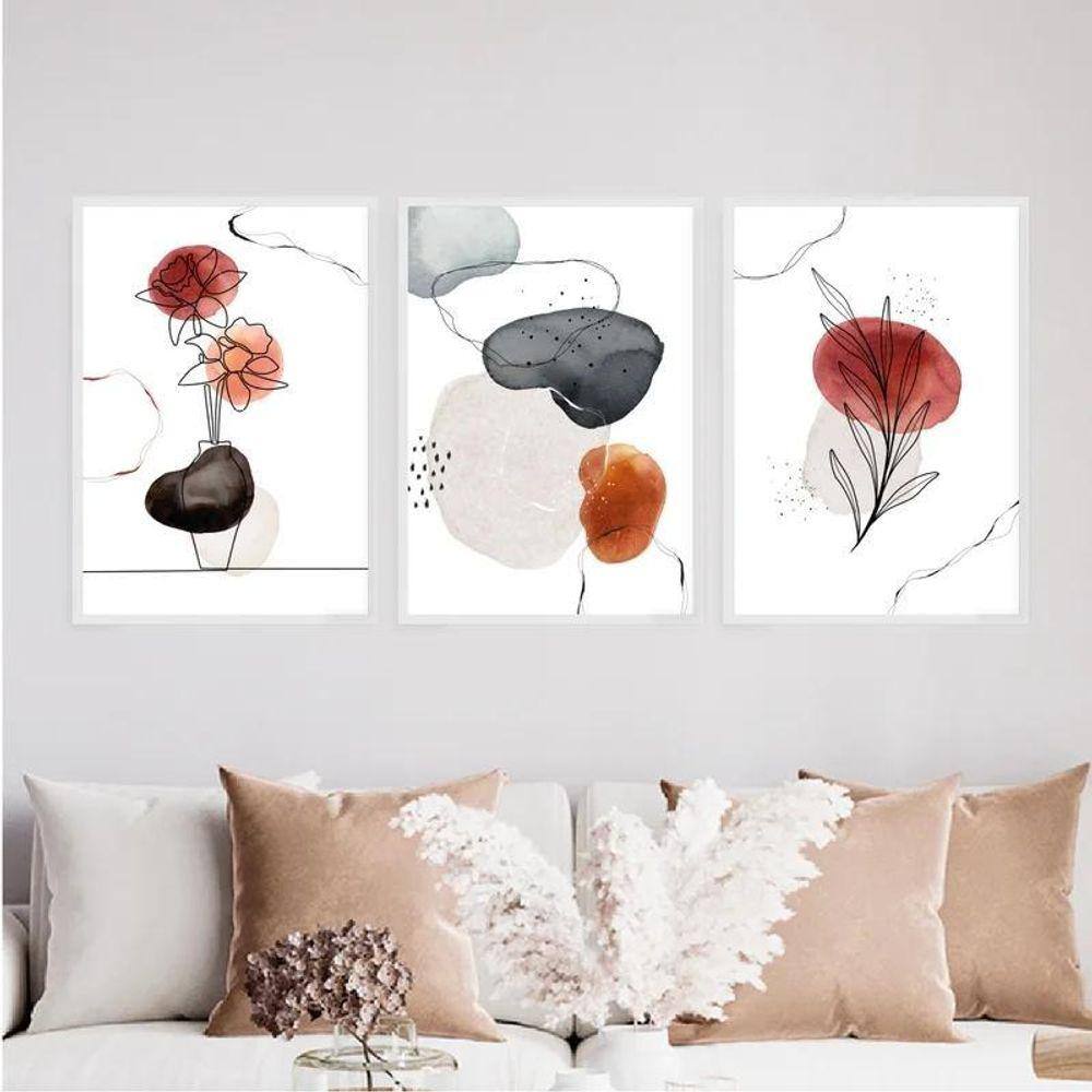 Kit 3 Quadros Flores 45x34cm - Decoração Quarto/Sala