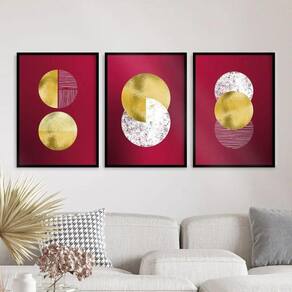 Kit 3 Quadros Abstratos Círculos Vinho e Dourado