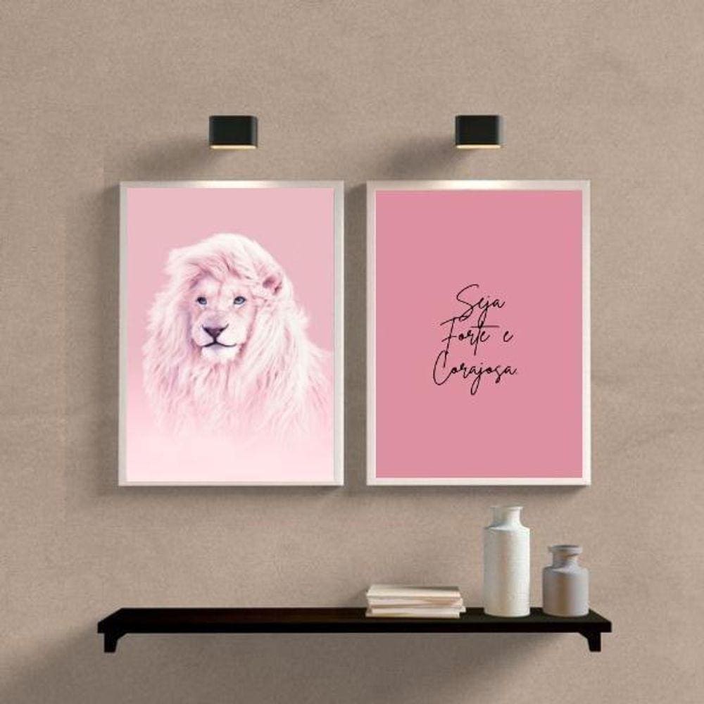 Kit 2 Quadros Leão Rosa 33x24cm - Vidro