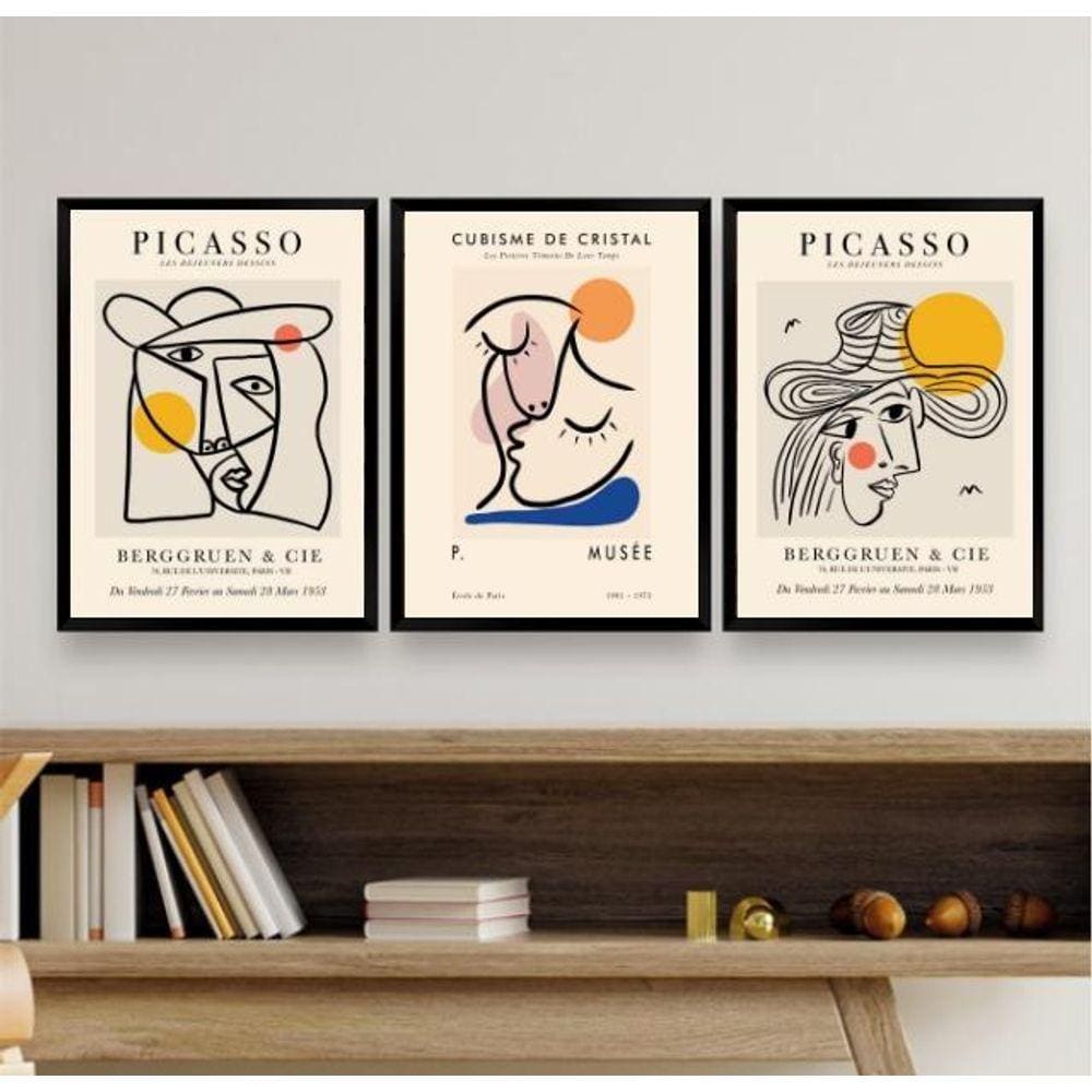 Kit 3 Quadros Cubismo Picasso 45x34cm - Vidro e Moldura