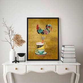Quadro Cozinha Galo Country 33x24cm - Vidro, Moldura: Preta