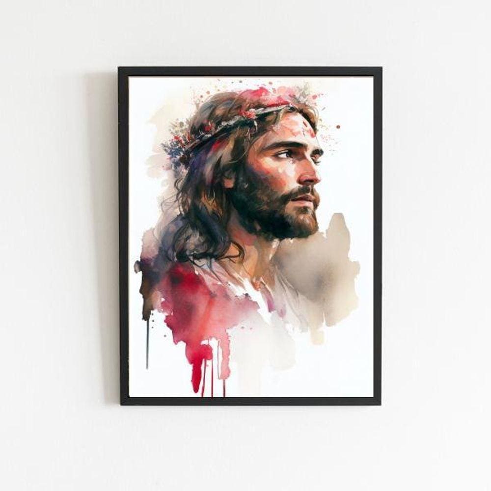 Quadro Aquarela Jesus Cristo 24x18cm - Moldura Preta