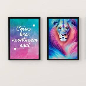 Kit 2 Quadros Leão Galáxia 45x34cm - Vidro e Moldura Branca