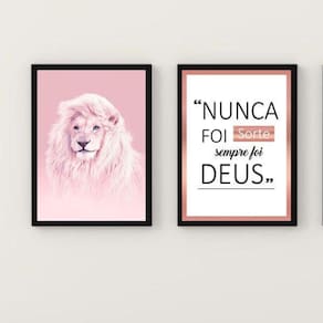Kit 2 Quadros Leão Rosa 24x18cm - Vidro e Moldura Branca