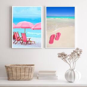 Kit 2 Quadros Praia Azul/Rosa 45x34cm - Madeira Preta