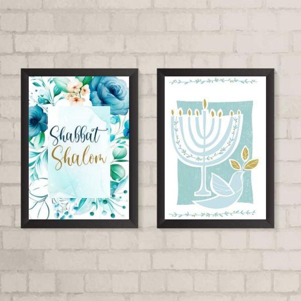 Kit 2 Quadros Shabbat Shalom 33x24cm - Madeira Preta