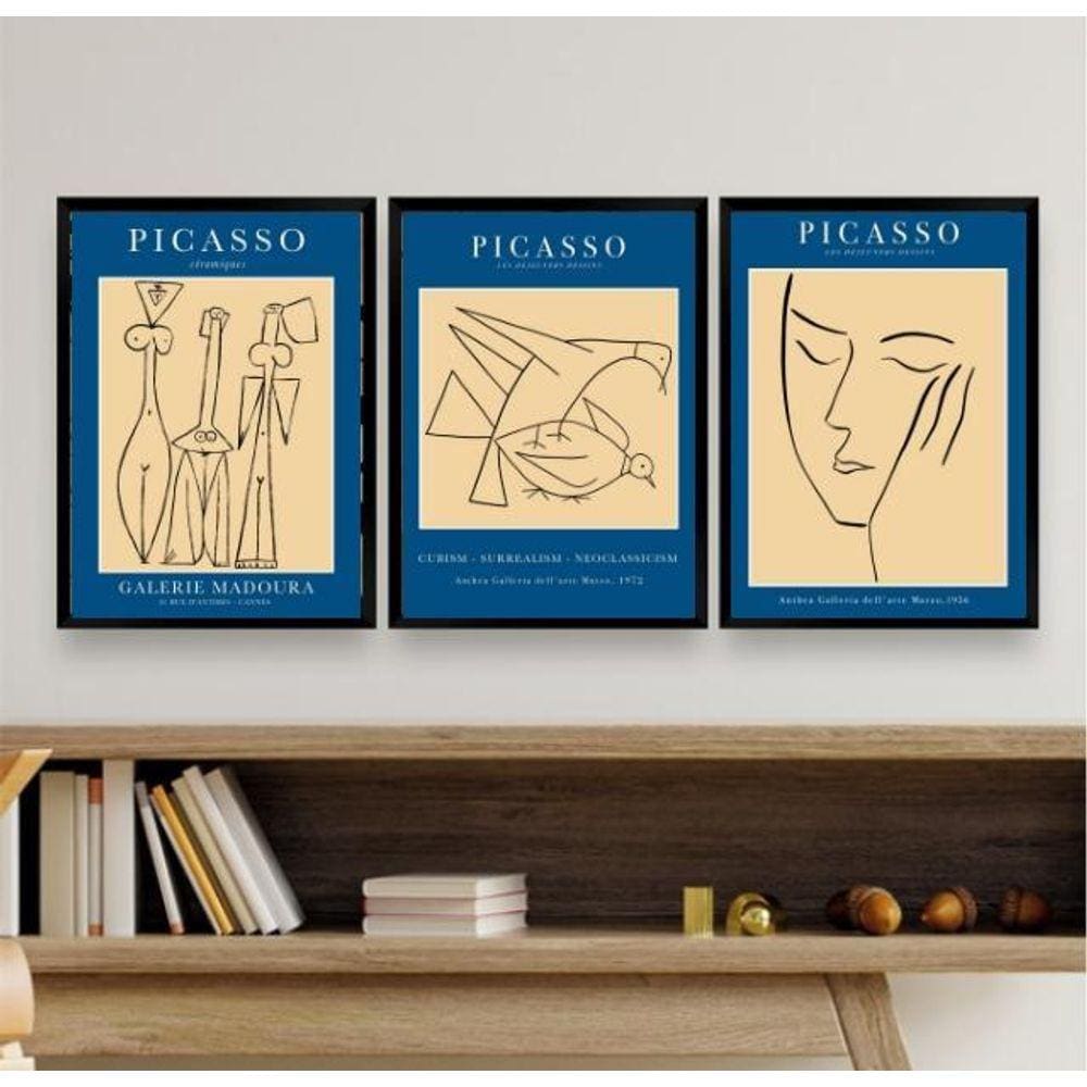 Kit 3 Quadros Abstratos Picasso 24x18cm - Moldura Preta