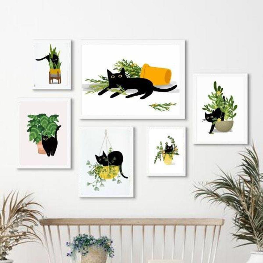 Kit 6 Quadros Gatinho com Plantas - Madeira Branca - Vidro