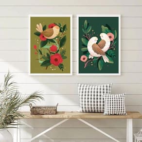 Kit 2 Quadros Vintage Passarinhos 45x34cm Moldura Preta