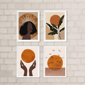 Kit 4 Quadros Boho 45x34cm - Com Vidro | Madeira Preta