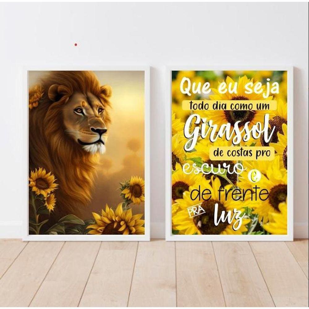 Kit 2 Quadros Leão Girassol 33x24cm - Vidro