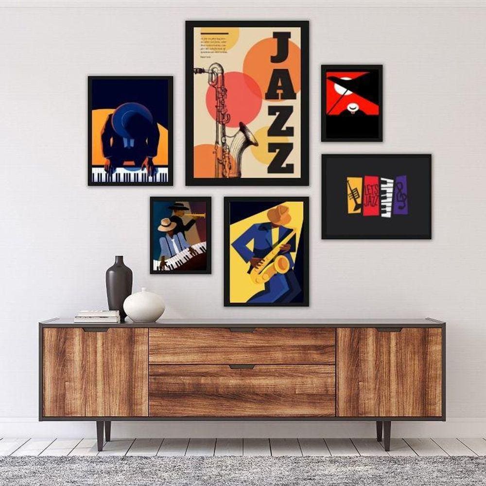 Kit 6 Quadros Jazz - Vidro e Madeira - Diversos Tamanhos