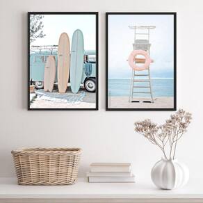 Kit 2 Quadros Praia Kombi Surf 24x18cm - Madeira Preta