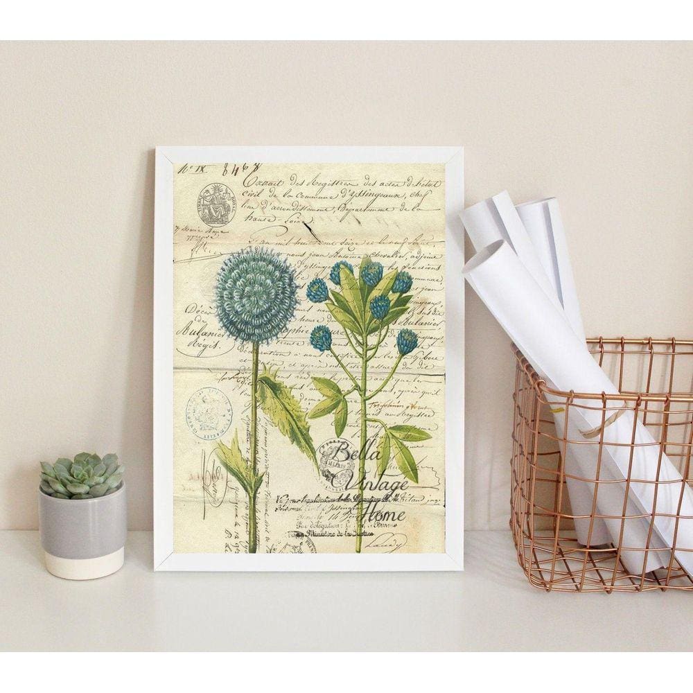 Quadro Flores Azuis Botânica Retrô 45x34cm Vidro Madeira Branca